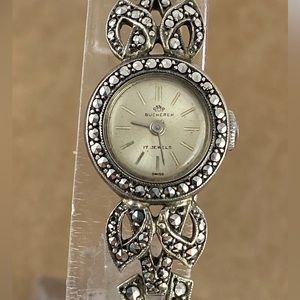 Vintage 1940s Bucherer Watch Swiss Made in 0.800 Silver with Marcasite Settings